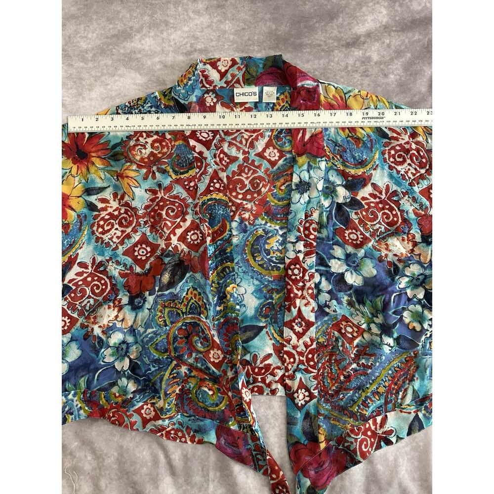 Chicos Sz 1 M Silk Cropped Kimono Floral Front Tie Cardigan Blouse Lagenlook - Picture 3 of 8